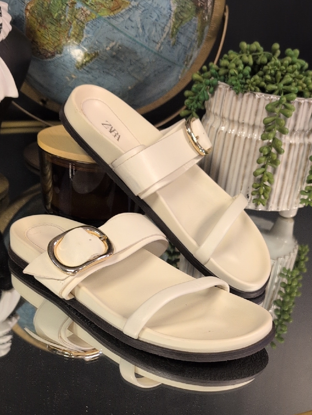 Zara Cream Slide Sandals with Gold-Tone Buckle Detail